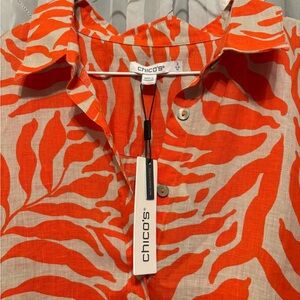 Chico's Orange and Cream Abstract Leaf Button-blouse